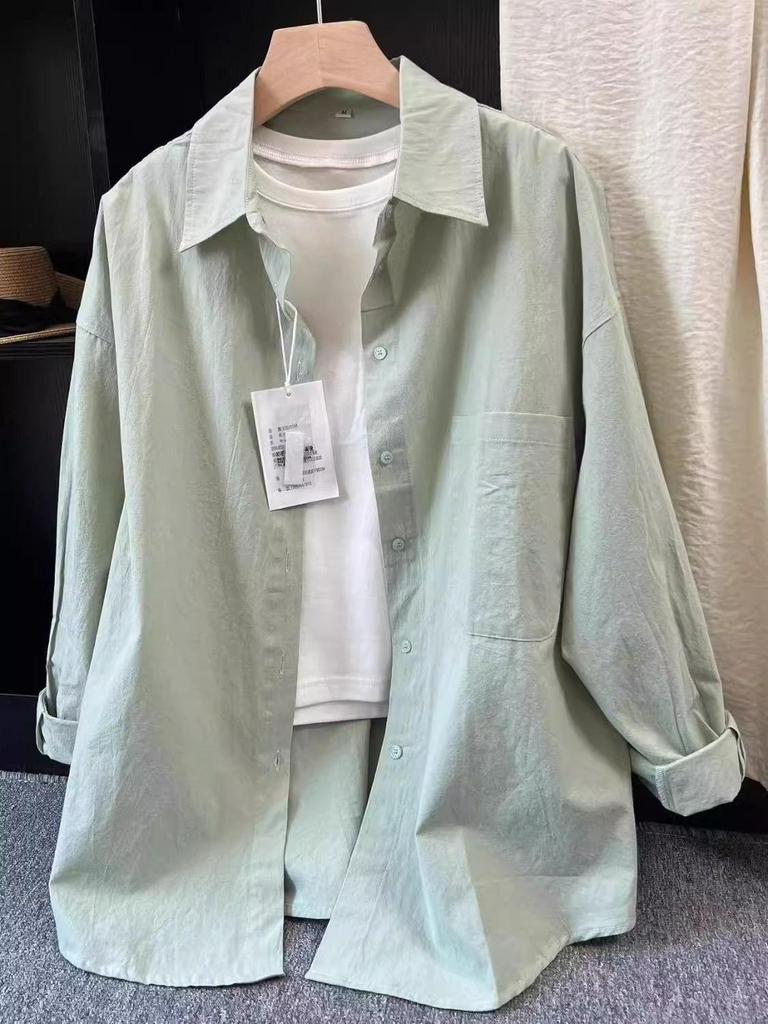 Plus Size Casual Long-Sleeve Plain Shirt for Spring and Autumn