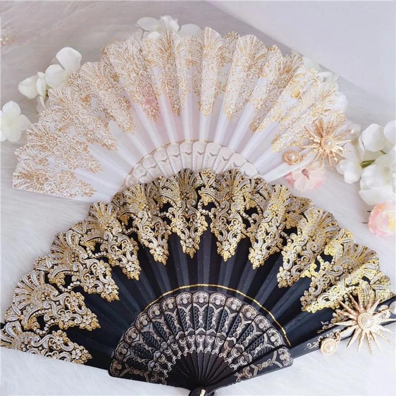 Handmade Lolita Vintage Gothic Black White Lace Hand Fan Golden Sun Flower Cross Folding Hand Fan for Photo Props Show Dancing