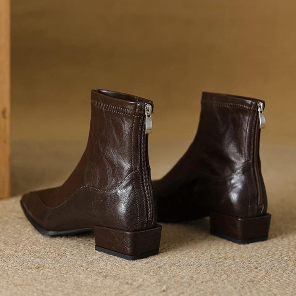 Chelsea Boots Women's Autumn Winter New Thick Heel Bootie Women's Retro Brown Chelsea Boot Pointed Low Heel Elastic Thin Boots