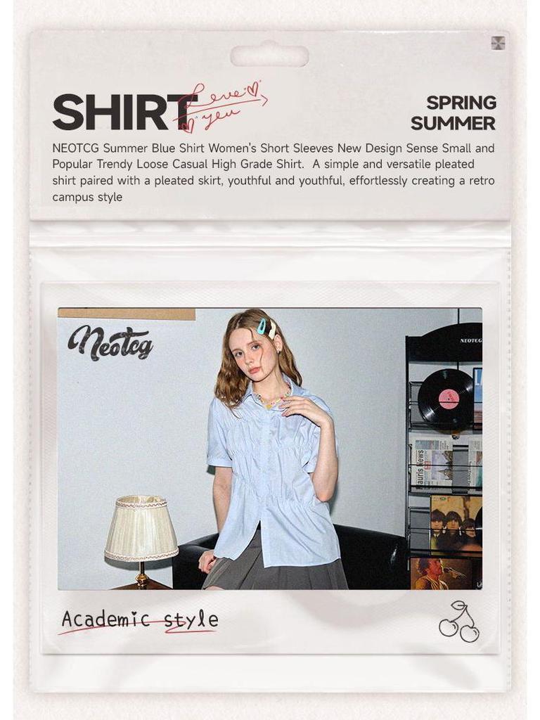 Damen NEOTCG Sommer Blau Plissee Kurzarmhemd - Neues Design, Trendy, Lockerer Schnitt, Hochwertiger Lässiger Stil