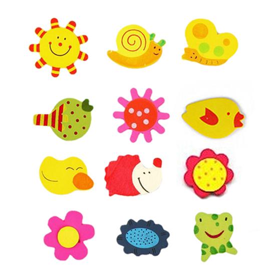 

12Pcs Cartoon Sticker Bright Colors Removable Colorful Cute Fridge Magnet Wooden Cartoon Shape Sticker for White Board