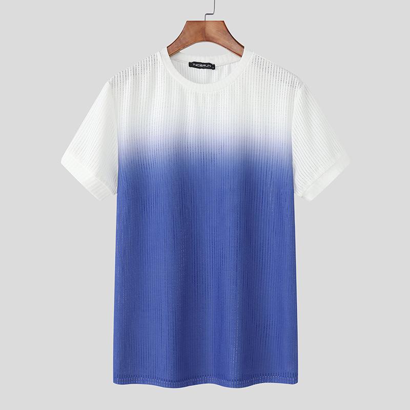 

INCERUN Men Short Sleeve Gradient Hollow Out Casual Loose T-shirts Tops 5XL синий