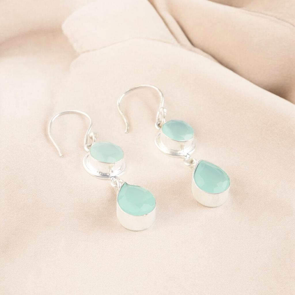Aqua Chalcedony Gemstone 925 Sterling Silver Handmade Women Dangle Earring 1.8" EE-142-17