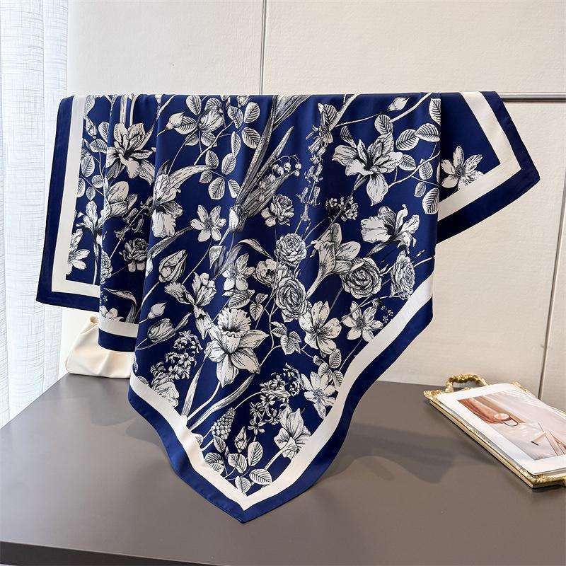 

90Cm Floral Print Twill Silk Scarf Fashion Shawl Luxury Brand Square Scarf Women Hijab Bandana Foulard Neckerchief Head Scarves 90x90 cm