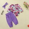Spring And  New Children's Floral Print Purple Romper Pants Hair Band Set Baby Clothes Set