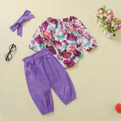 Spring And  New Children's Floral Print Purple Romper Pants Hair Band Set Baby Clothes Set
