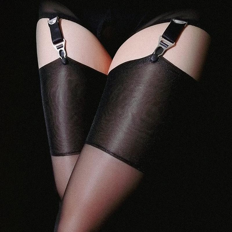 15D Wide Rib Cut Edge Long Medias Women Sexy Oil Glossy Ultra Thin Transparent Thigh High Stockings For Garters Belt