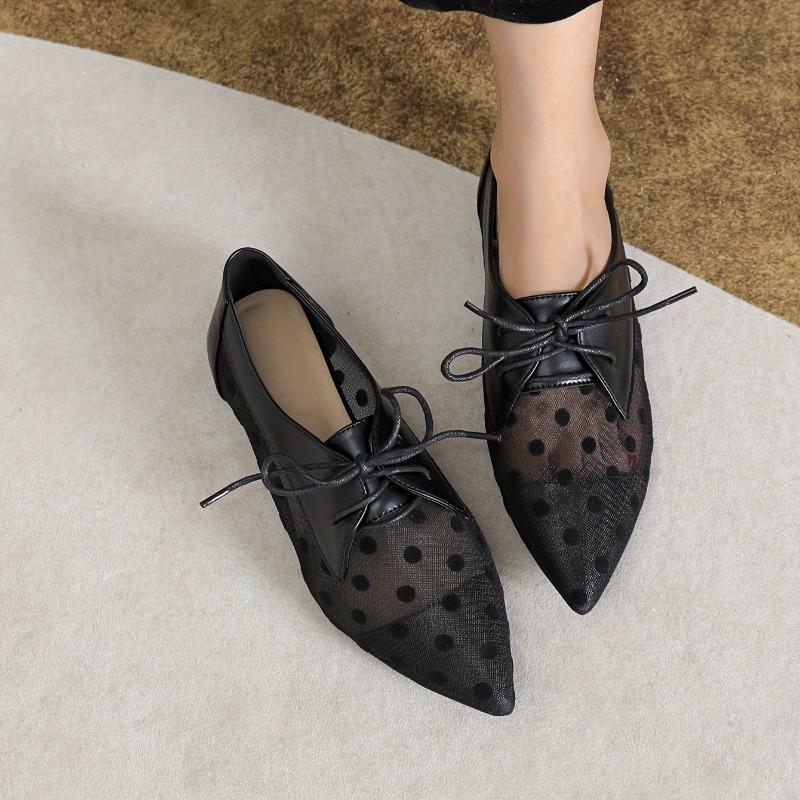 Pointed-toe Mesh Lace-up Flats Flat Women's Shoes Polka Dot Breathable Sandals Large Sizes 35-43