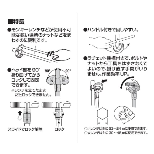 Sanei PR380 Double-Ended Multi-Purpose Wrench, Ratchet Type, for 23-24mm and 30-48mm Flats