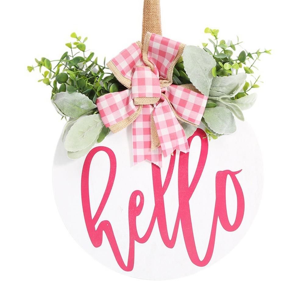 

Wooden Round Welcome Sign Door Hanger with Bow Wreath Decoration for Home Entrance A
