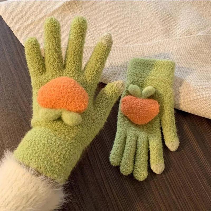 Persimmon Ruyi~ Cute Knitted Wool Gloves for Women's Winter Touch Screen Warm and Cold-proof Plush Student Cycling Gloves