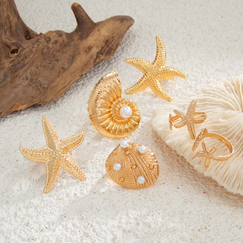 6Pcs/Set Vintage Gold Color Starfish Shell Rings Set For Women Exaggerated Metal Large Pearl Star Knuckle Rings Beach Jewelry