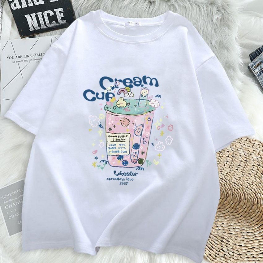 Summer Short Sleeve Tshirt Women Cartoon Print Round Neck Top Fashion Loose Tee
