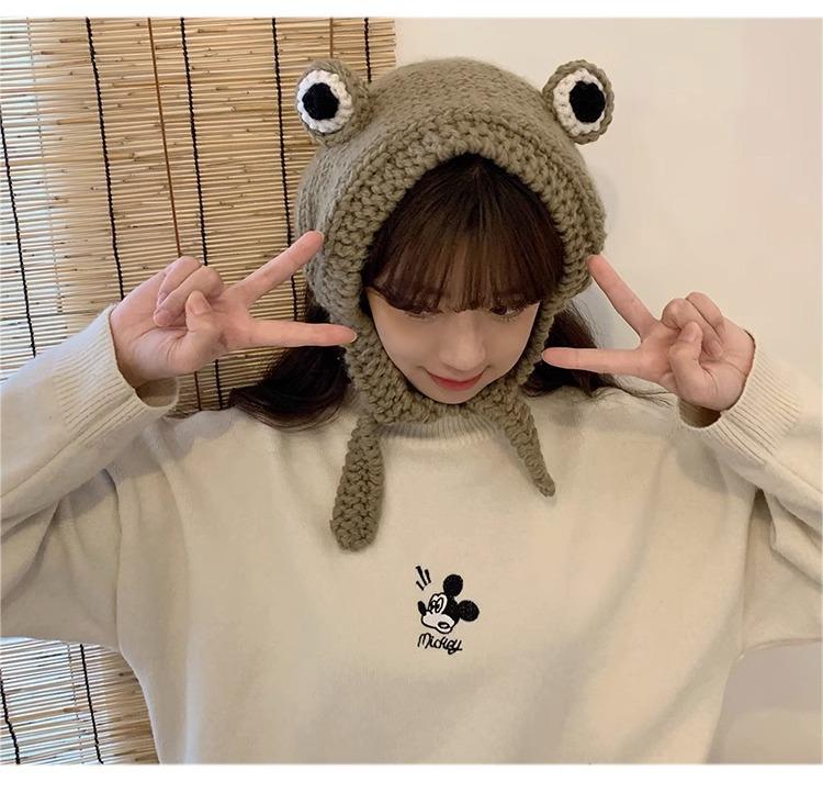 Autumn And Winter Big Eyed Frog Hat Head Cover Handmade Ear Protection Hair With Hat Korean Version Green Cute Knitted Yarn