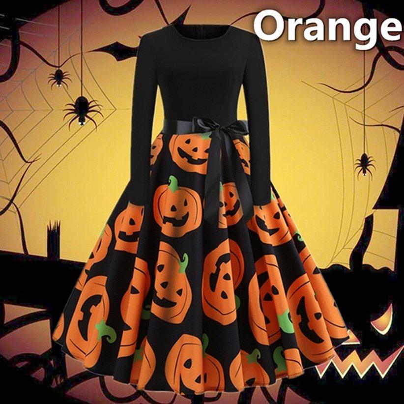 Women Fashion Pumpkin Pattern Print Halloween Festival Dress Round Neck  Long Sleeve Big Swing Dress  buy at low prices in the Joom online store