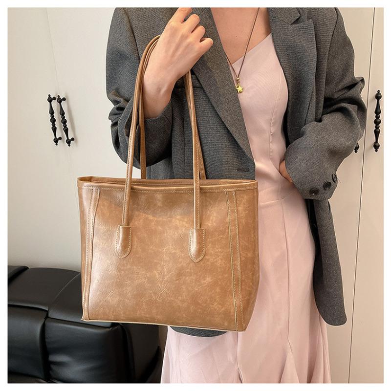Vintage Large Capacity Faux Leather Tote Bag for Women, Chic Korean Style Commuter Shoulder Handbag, Soft Texture Fashion Work Bag