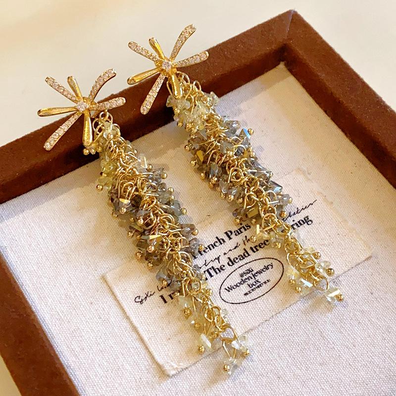 Silver needle zircon flower artificial crystal fringed earrings high sense Korean temperament earrings retro exaggerated earrings women