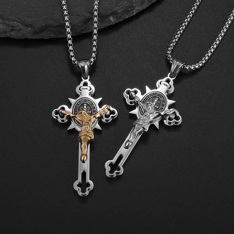 Stainless Steel Christian Saint Benedict Jesus Cross Pendant Necklace Amulet Jewelry Gift for Men Women