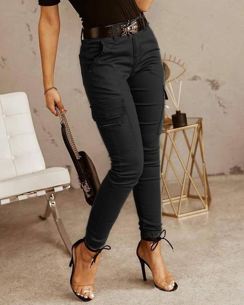 New European & American Women's Low-Waist Jogger Pants - Solid Color, Buttoned, Pocket, Skinny Fit