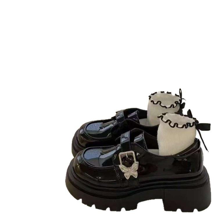 French Black Platform Round Head Small Leather Shoes Women's 2025 Autumn New Retro British Style Muffin Loafers Single Shoes