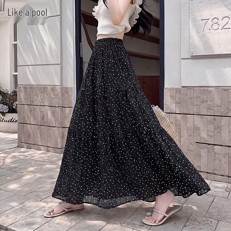 Women s Elastic Waist Polka Dot A-Line Midi Skirt M