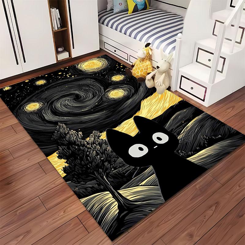 Starry Night Black Cat Carpet Suitable As a Non-slip Mat for the Living Room or Bedroom Sofa