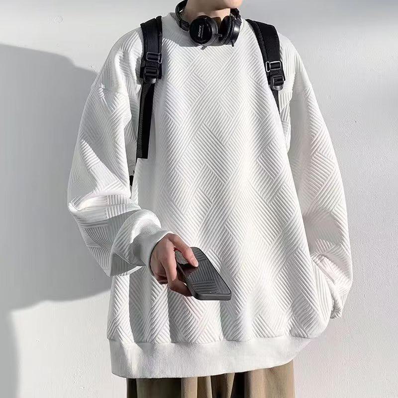 

Мужская толстовка с круглым вырезом и вафельным узором — модный свободный крой с длинными рукавами для весны и осени M белый