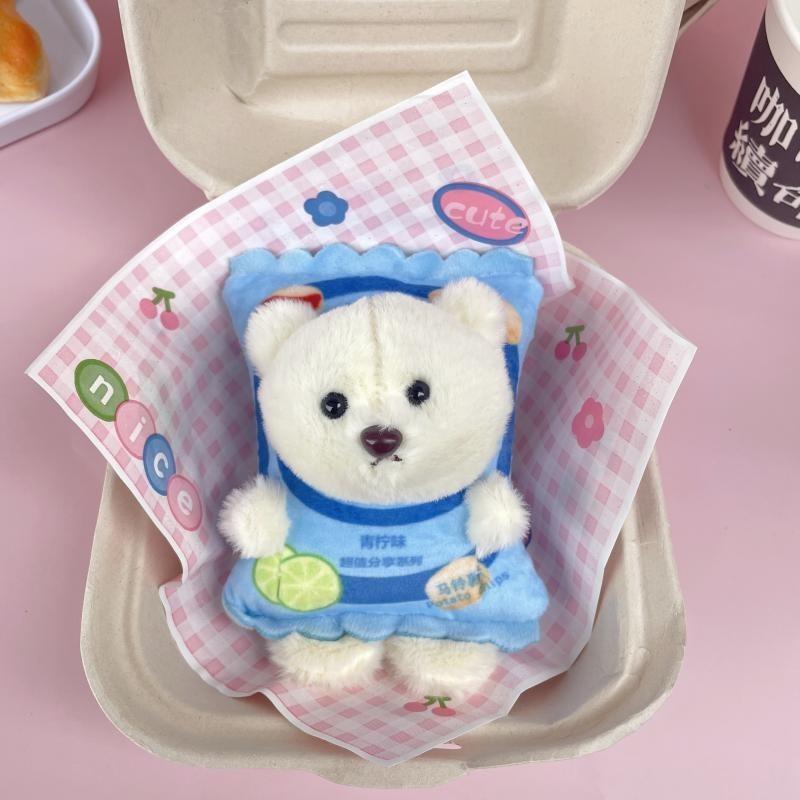 Adorable Cartoon Bear Plush Keychain Cute Chips Snack Doll Bag Charm синий