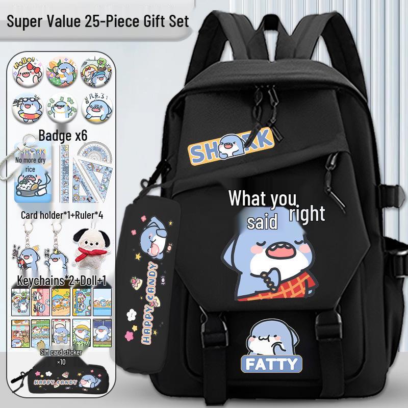 Fatty Shark Large Capacity Lightweight Backpack for Grades 3-6 and Junior High, Shoulder Protection, Cute Design for Boys & Girls