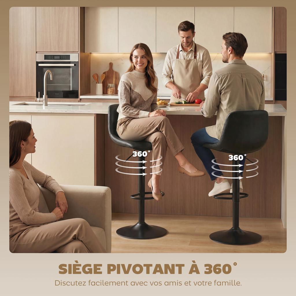 Bar Stools, Set of 2, Height-Adjustable, Backrest, Footrest, 360 Swivel, Steel, Black