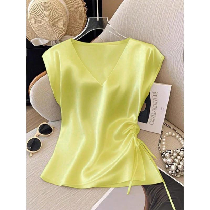 Women Satin V Neck Blouse Elegant Short Sleeve Side Drawstring Ruched Top Summer Casual Work Office Tunic Fashion Sleeveless Sweet Tank Tops for Women