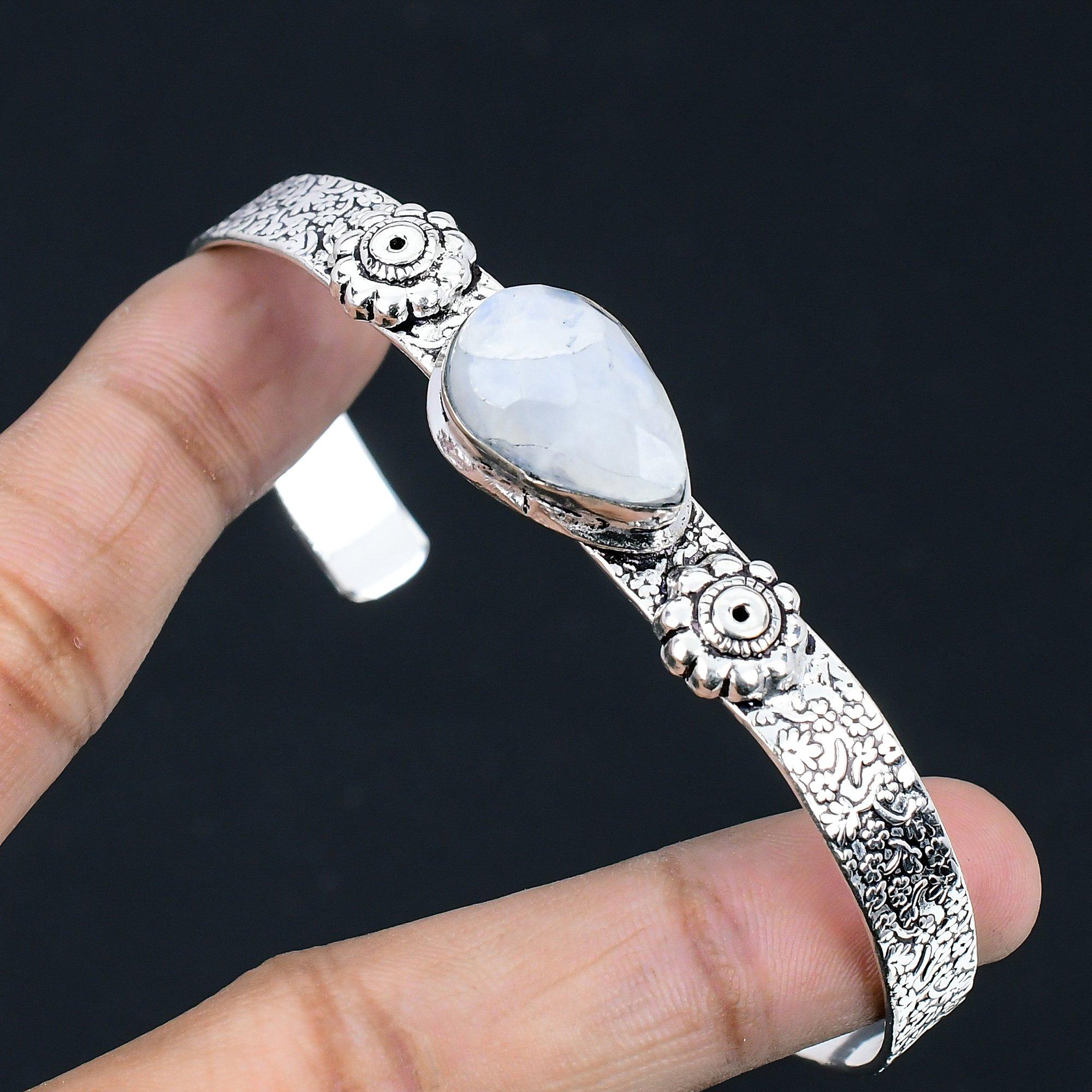 

Easter Sale Pear Rainbow Moonstone Stone 925 Sterling Silver Engagement Bangle Adjustable