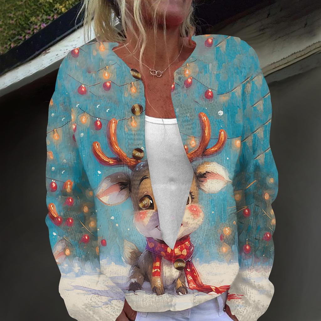 Damenmode, weihnachtlich bedruckt, langärmelig, Strickjacke, Button-Down-Jacke