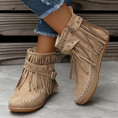 Stiefeletten im Bohemian-Stil mit Quasten, Retro-Stil, Wildlederimitat, Schnallenriemen, kurze Stiefel für Damen, Übergröße 43, flache Absätze, Western-Botas