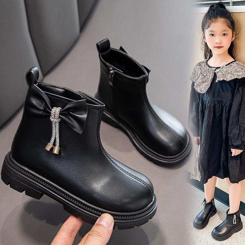 Mode Mädchen Stiefeletten Schwarz PU Leder Schleife Runde Zehe Mode Kinder Herbst Winter Stiefel Mode Schleife Runde Zehe Kinderschuhe