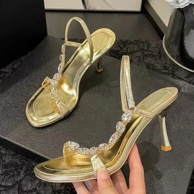 Mode Luxus Gold Kristall Designer High Heel Sandalen Damen Mode Quadratische Zehenpartie Party Hochzeits Schuhe Elegante Hohe Absätze Sandalias Mujer