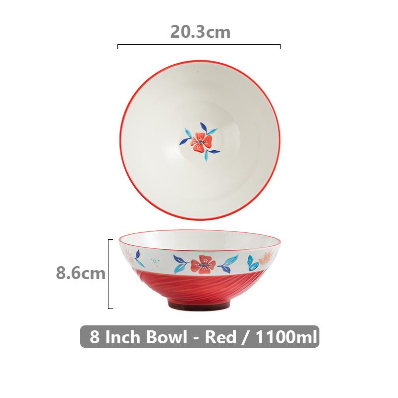 

8-дюймовая расписанная вручную цветочная сервировочная миска для рамена, керамическая большая миска для салата, супа, хлопьев, миска для лапши быстрого приготовления, безопасная для микроволновой печи, 1100 мл 8 Inch красный