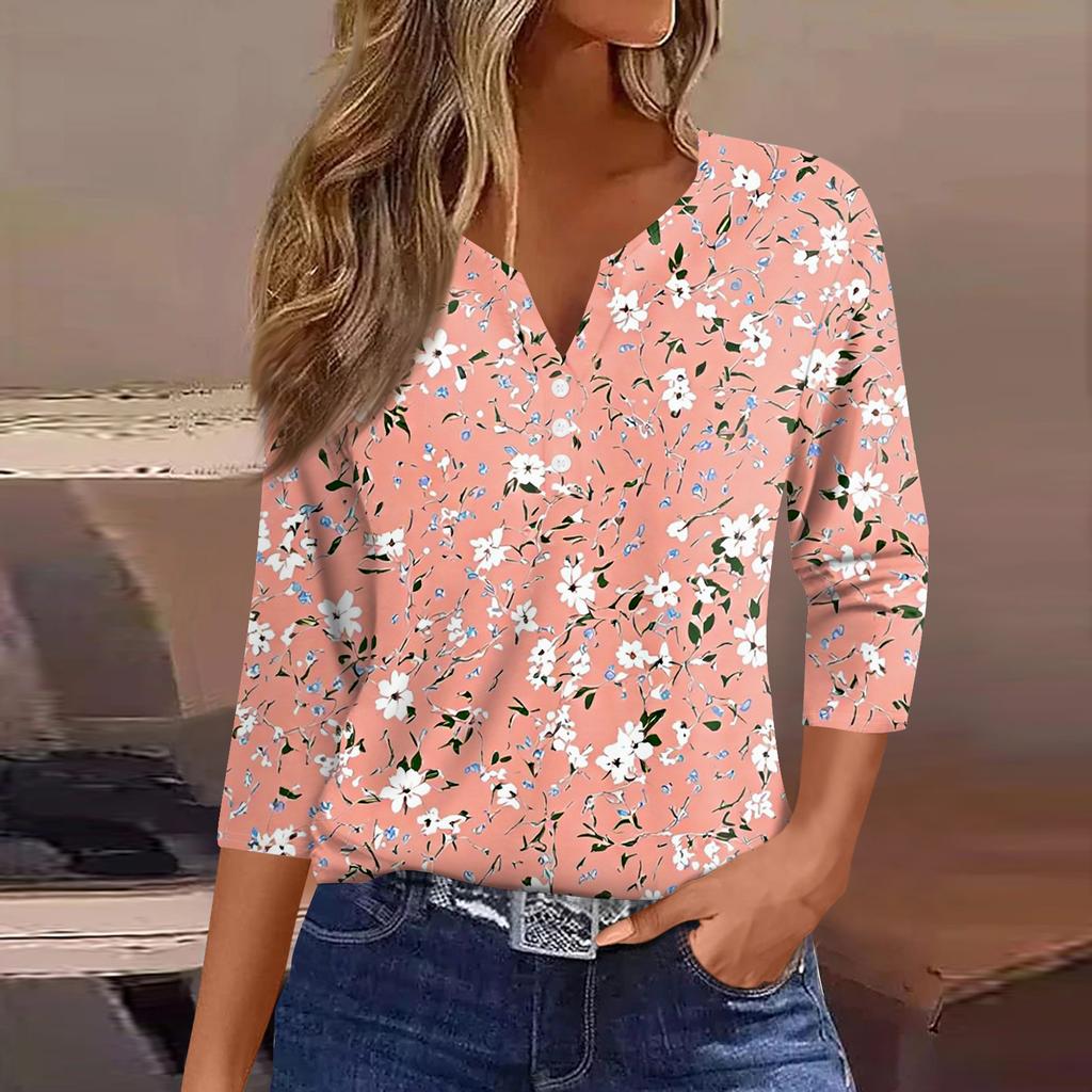 T-shirt da Donna Maglietta Stampata Bottoni Manica Corta Tunica Moda Quotidiana Weekend Base Scollo a V Top Regolare