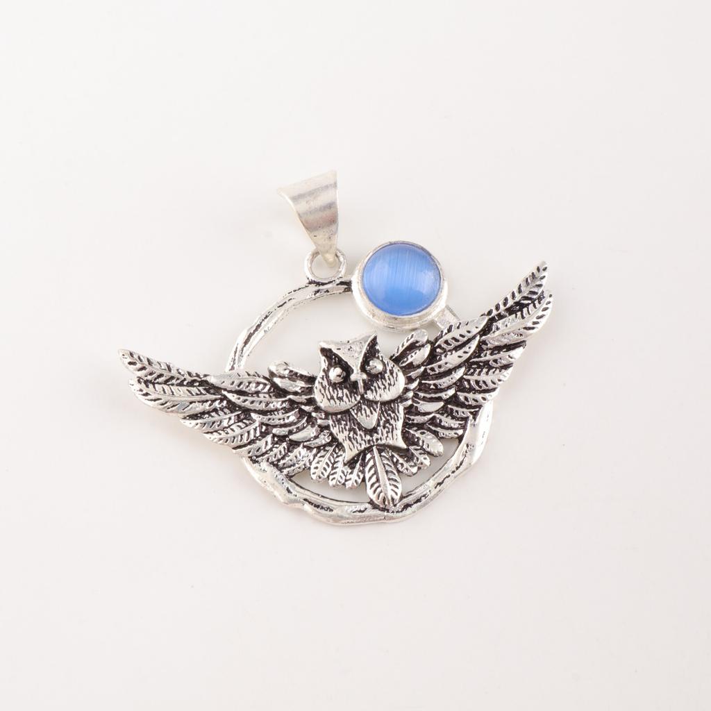 Dark Blue Cat's Eye Gemstone 925 Sterling Silver Handmade Stylish Pendant 1.48" CP-17-38
