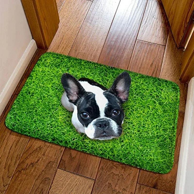 Cute Pug Dog Door Mat Colorful Knitted Yarn Print Non-Slip Entryway Rug Boho Rainbow Knit Pet Lover Floor Mat for Front Door