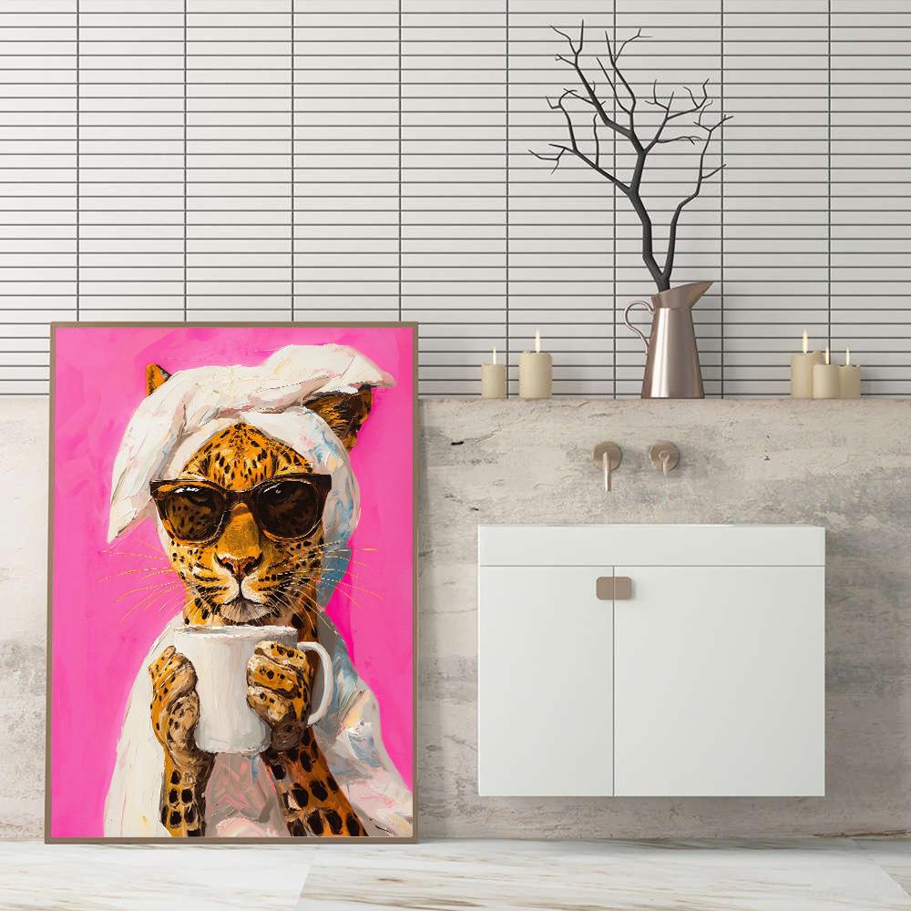 Colorful Leopard Drinking Coffee Maximalist Posters Vivid Morning Canvas Painting Wall Art Print Pictures for Kitchen Home Decor