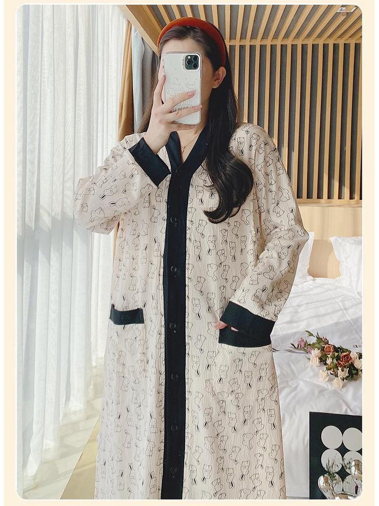 Long Sleeve Maternity Nightgown: Spring & Autumn Breastfeeding Pajamas with Cardigan for Pregnant Women
