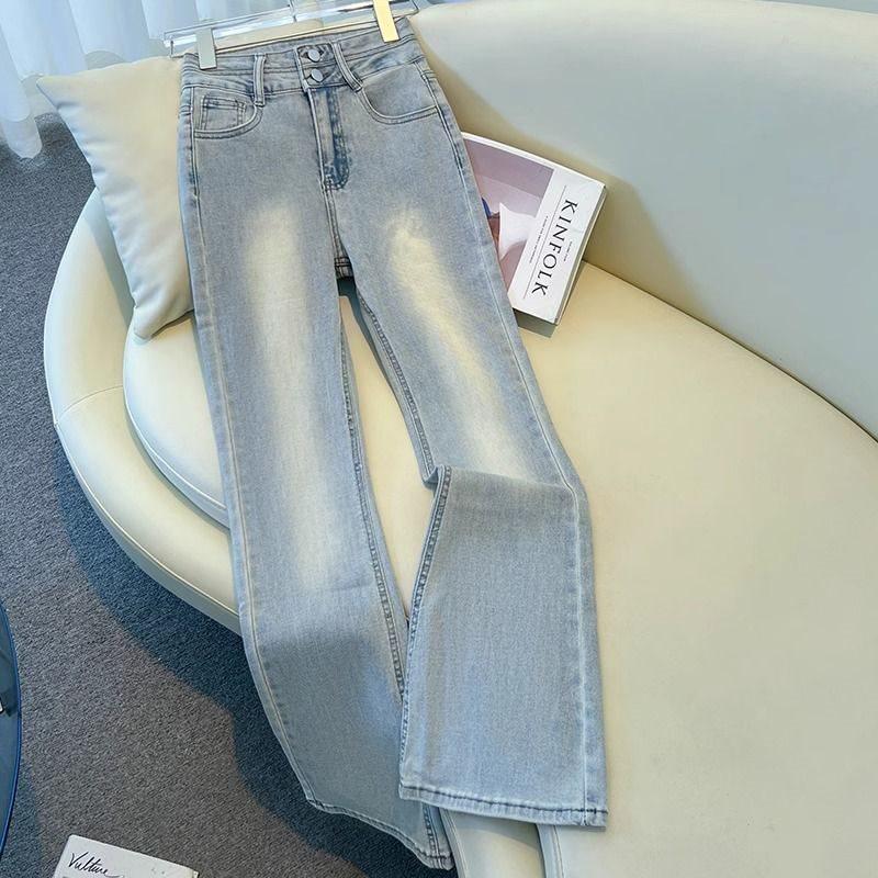 Light Color High Waist Two-Button Micro Flare Jeans for Women - New Year Style, Elastic, Skinny, Slimming, Versatile Flare Pants