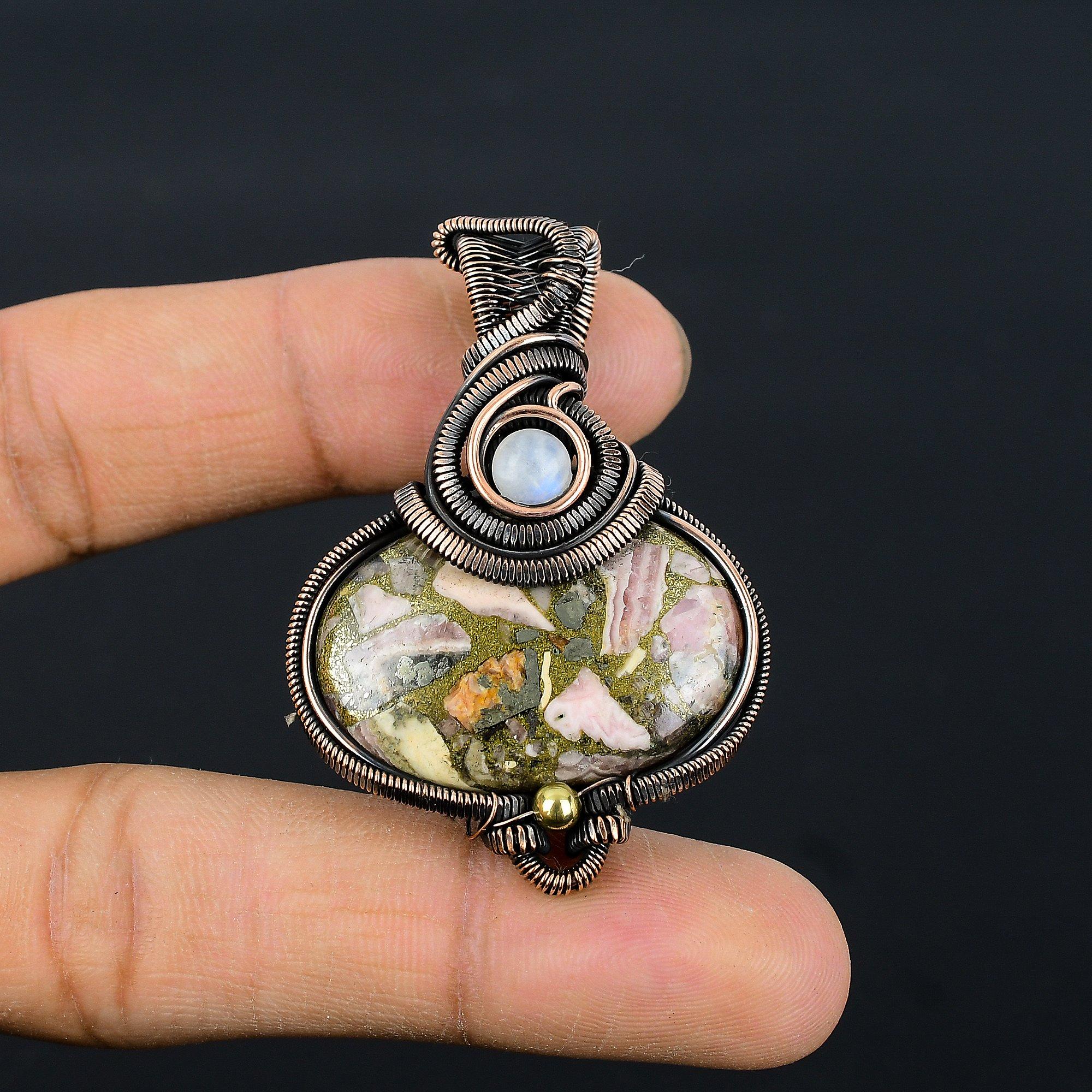 

Медный кулон с родохрозитом, украшения, обернутые медной проволокой 999 пробы, кулон с драгоценным камнем, ювелирное изделие ручной работы в подарок на свадьбу 2.55 Inches