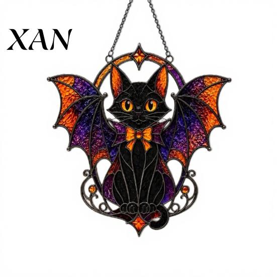 Black Cat Bat Sun Catcher Halloween Suncatcher, Stained Glass Style Acrylic Catcher, Gothic Festival Atmosphere Display Hanging Ornament for чёрный