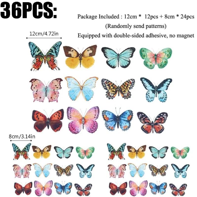 A Top Quality 36PCS Watercolor Butterfly 3D Wall Stickers Butterflies Room Home Decoration Self-adhesive Mural For Wedding DIY