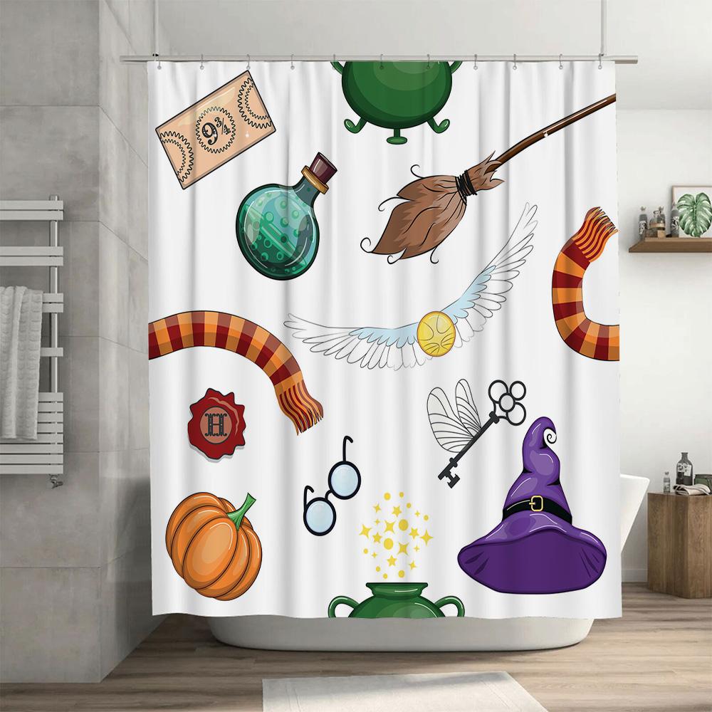 Harry Potter-themed Shower Curtain Featuring a Broomstick, Wand, Pumpkin Patch, and Magical Creatures Perfect for Halloween! (It