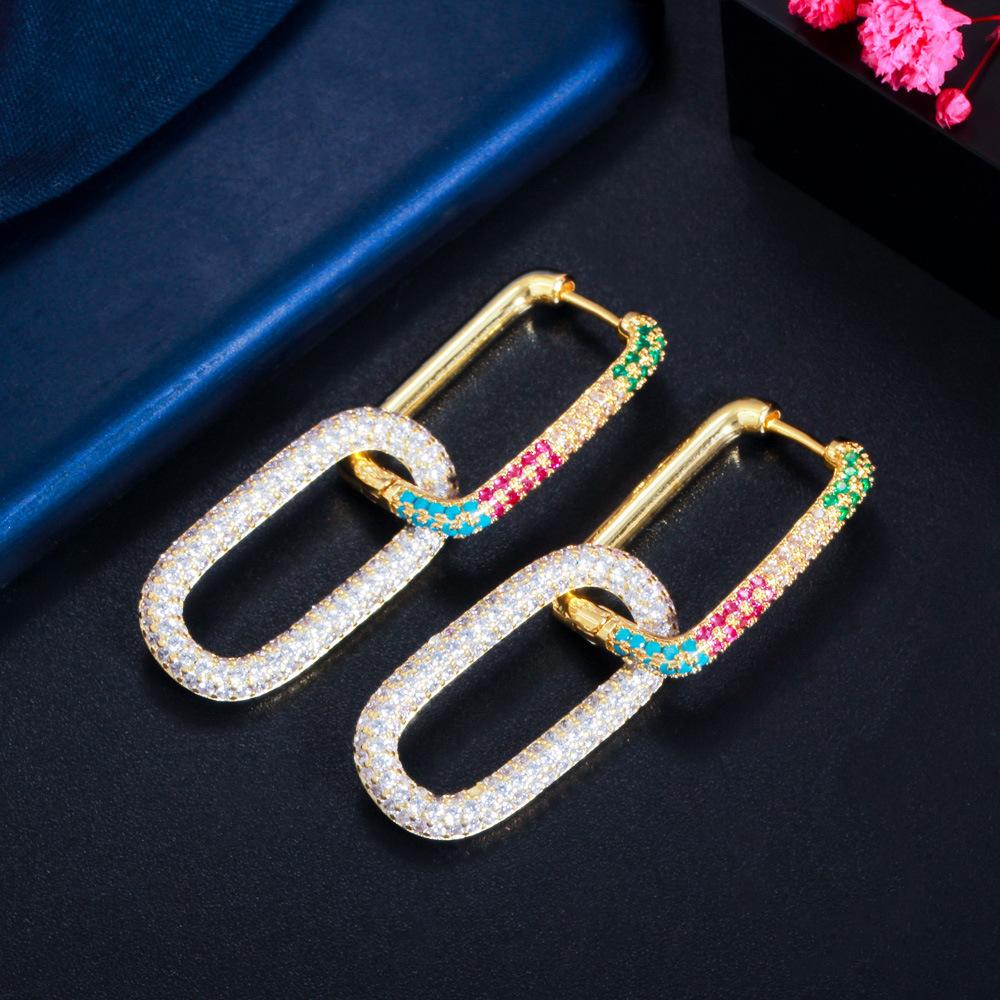 Popular Geometric Lock Small Earrings Colored Zircon Vintage Buckle Copper Plated 18K Gold Micro-Inlaid Zircon Earrings