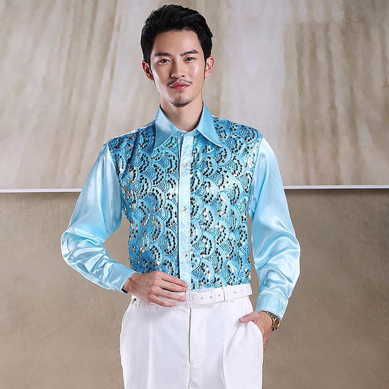 Men's Sequin Chorus Performance Shirt for Middle-Aged & Elderly - Red Stage Costume for Evening Song and Dance