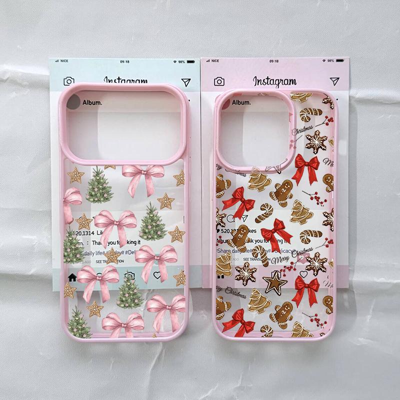 Cute Pink Bowknot Bow Phone Case for IPhone 16 17 15 14 13 12 11 Pro Max 13 12 7 8Plus Cartoon Christmas Style Clear Pink Cover